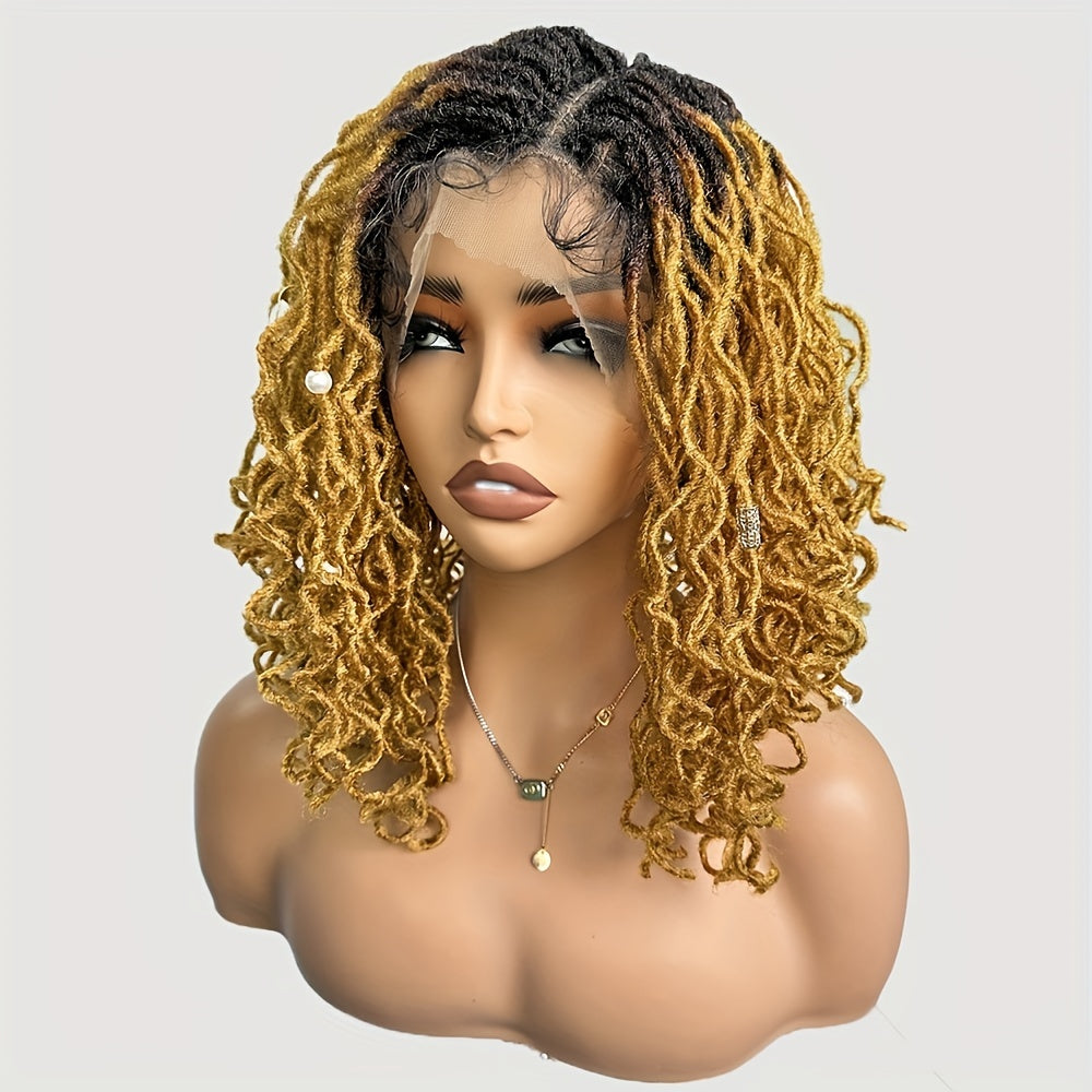 14 Inch Faux Locs Wig Full Lace Afro Curly/Kinky Dreadlocks Ombre Strawberry Blonde to Blonde - 180% Density Synthetic Crochet Braided Wig for, Natural Look & Versatile Styling, Versatile Hair Wig | Afro Curly Wig | Full Lace
